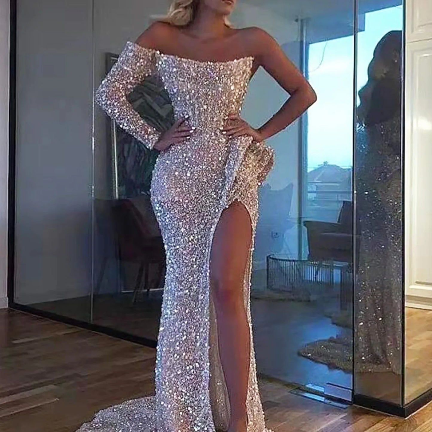 Elegant Sparkly Sequins Dresses Women  Fashion Mermaid Slash Neck One Shoulder Wedding Prom Dress  Split Evening Dress
