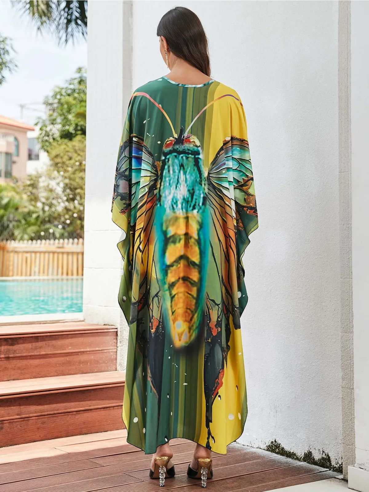 Yellow Butterfly Print  Loose Fitting Long Robe Beach Vacation V-neck Sunscreen Clothing Kaftan