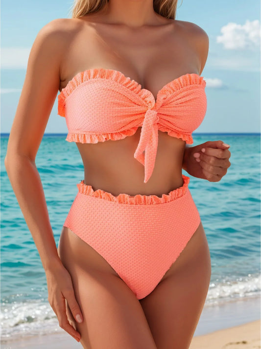 Solid Color 2 Piece Swimsuit Sexy Ruffle Strapless Backless Bikini Set Beach Vacation High Waist Swimwear Bathing Suit