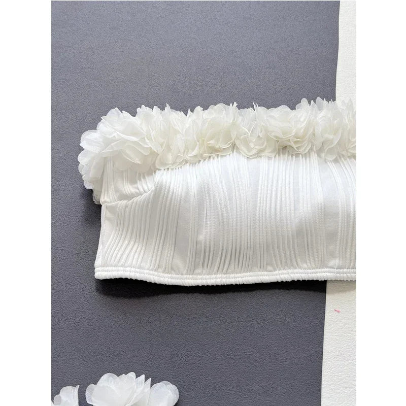 Lace Ruffle Swimsuit Women  Strapless Backless Bikini Set White High Waist Swimwear