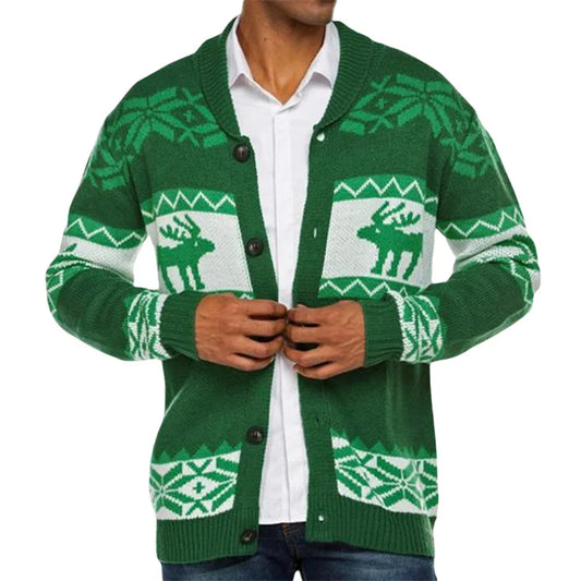 Christmas Cardigan Casual Long Sleeve Shawl Collar Reindeer Snowflake Print Sweater Knitted Tops