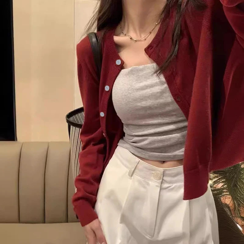 Cardigan Knit Early Autumn Women Clothes Outdoor Crop Sweater Outerwear Long Sleeve Top
