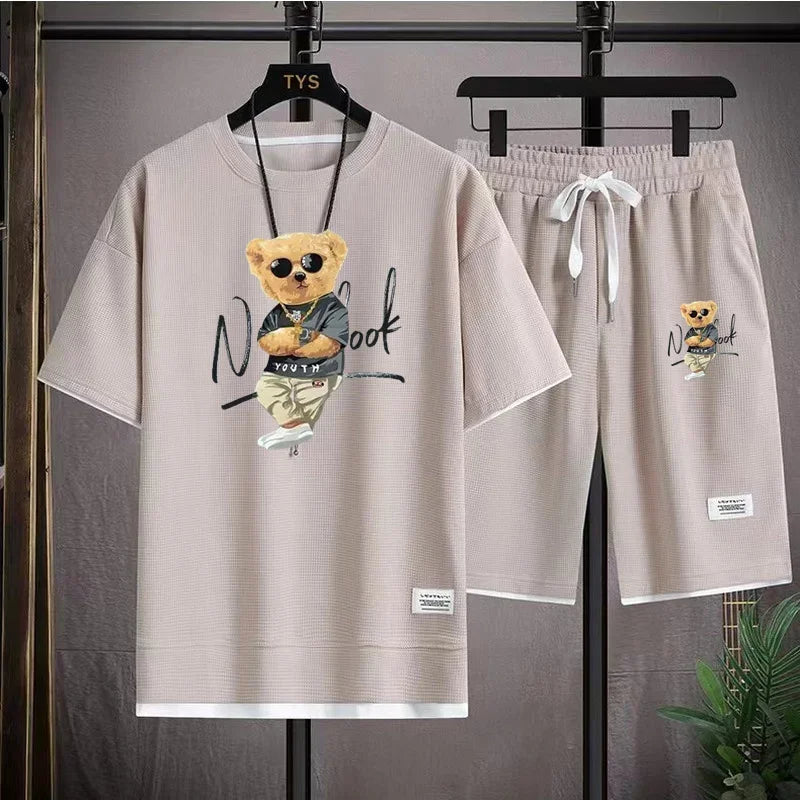 Fashionable Men's Sports Suit Summer Casual Short Sleeve O Neck T-shirt And Sports Shorts 3D Bear Printing 2-Piece Set