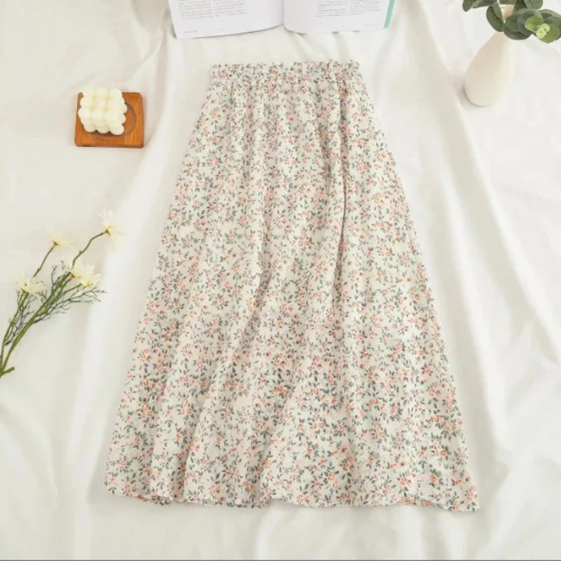 Chiffon Midi Skirt Floral Loose High Waist  Casual  A Line