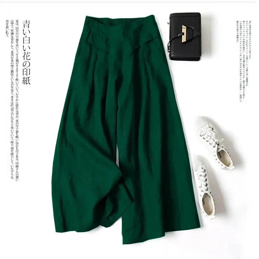 Summer Pants for Women Cotton Linen Large Size Wide Leg Pants Femme Arts Style Elastic Waist Solid Casual Loose