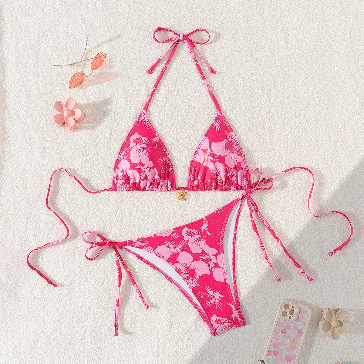 Rose Red Flower Print Bikini Set for Women  Triangle Halter Backless Swimsuit Beach Vacation Thong  Swimwear
