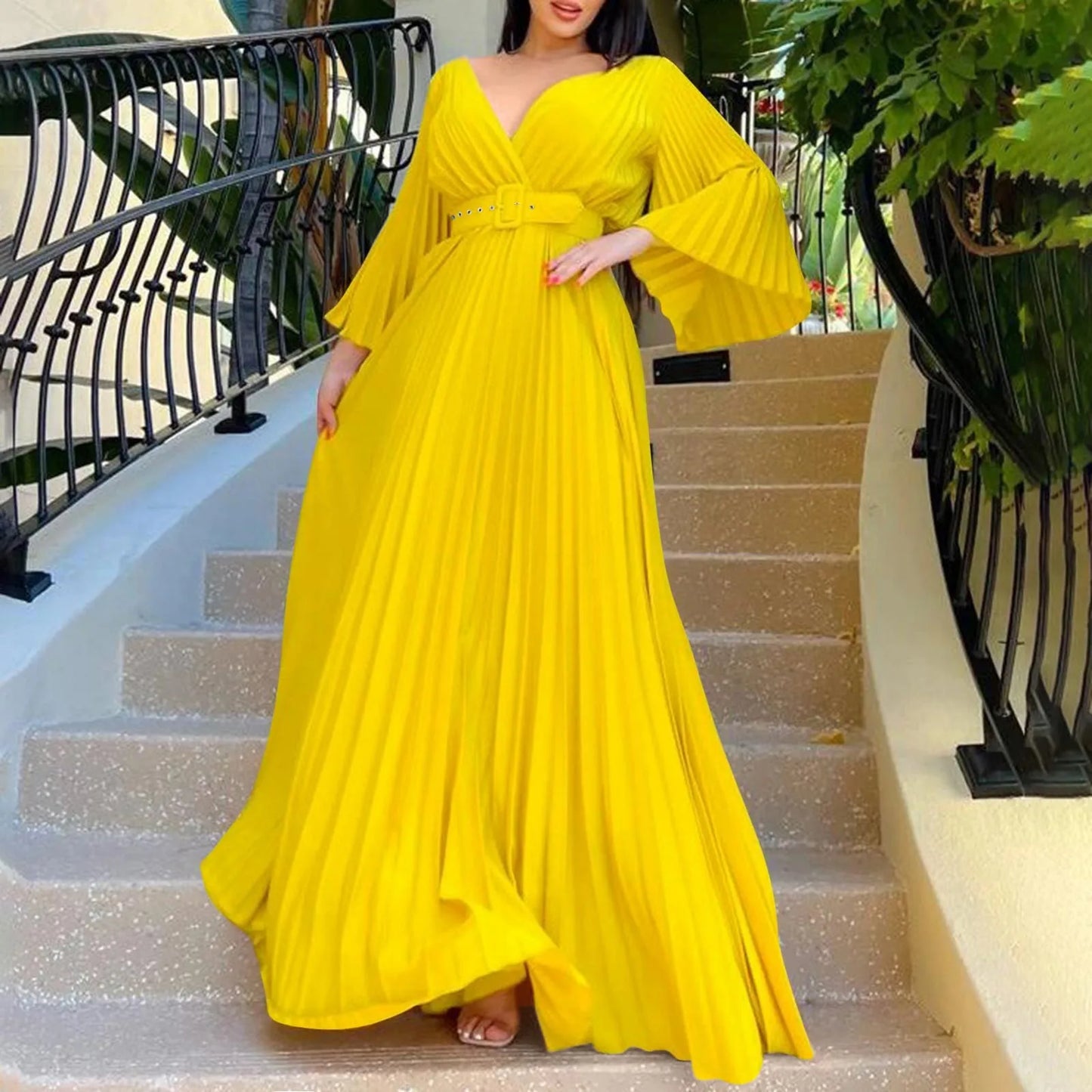 Women's Elegant Evening Dress Deep V Neck Flare Sleeve Pleated Prom Dress With Belt Formal Dresses For Women