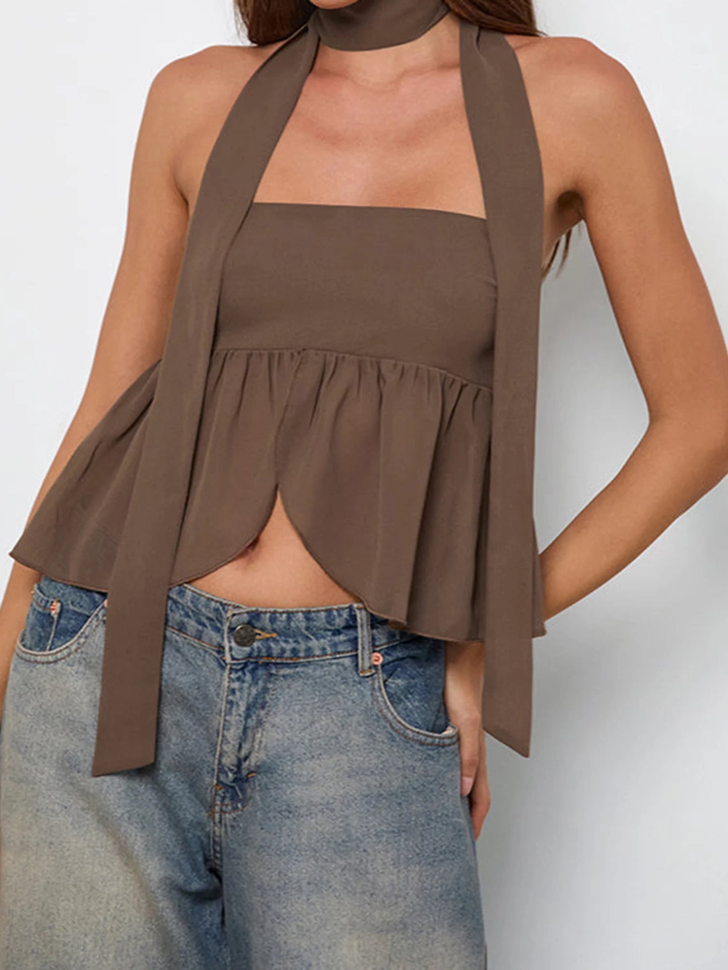 Women s Solid Color Off-Shoulder Tube Top with Ruffled Detail and Matching Scarf Set for Chic Summer Street Style Fashion