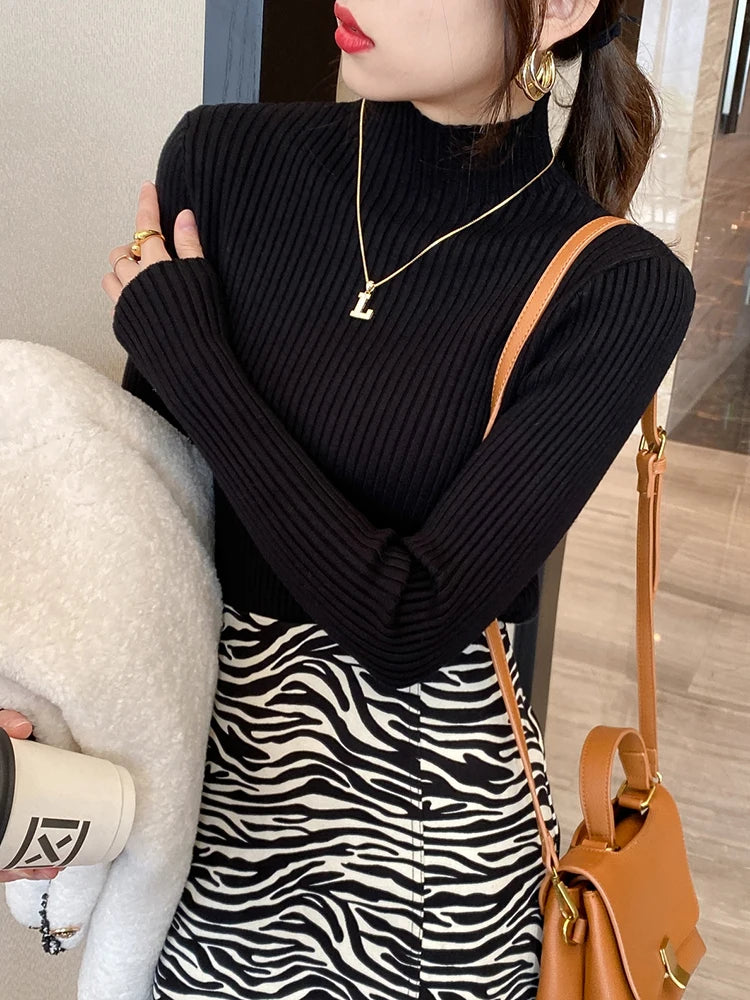 Elegant Solid Basic Knitted Tops Women Mock Turtleneck Sweater Long Sleeve Casual  Pullover Simple Chic Clothes