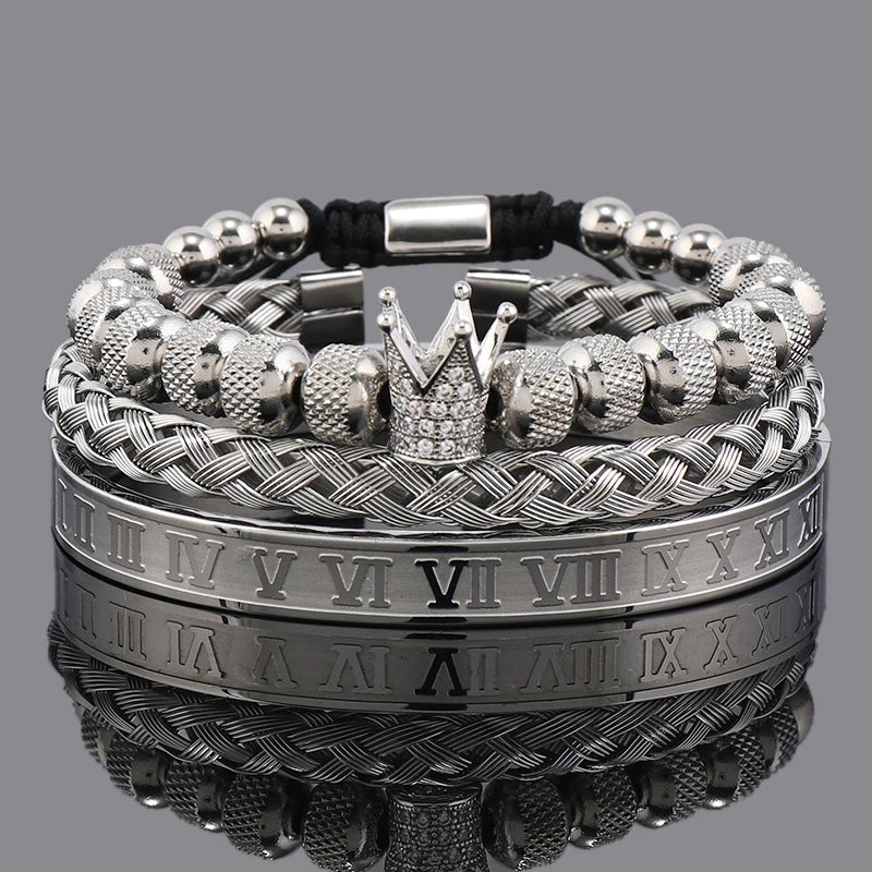 Luxury Set Crown Charms Man Bracelet Roman Stainless Steel Women Bangles Hand Jewelry
