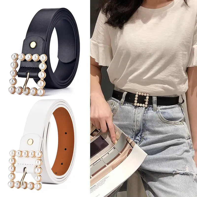 Women's Belt Fashion Pearl Buckle Belt Trend Versatile Jeans Belt PU Leather Belt Street Trend  Belt