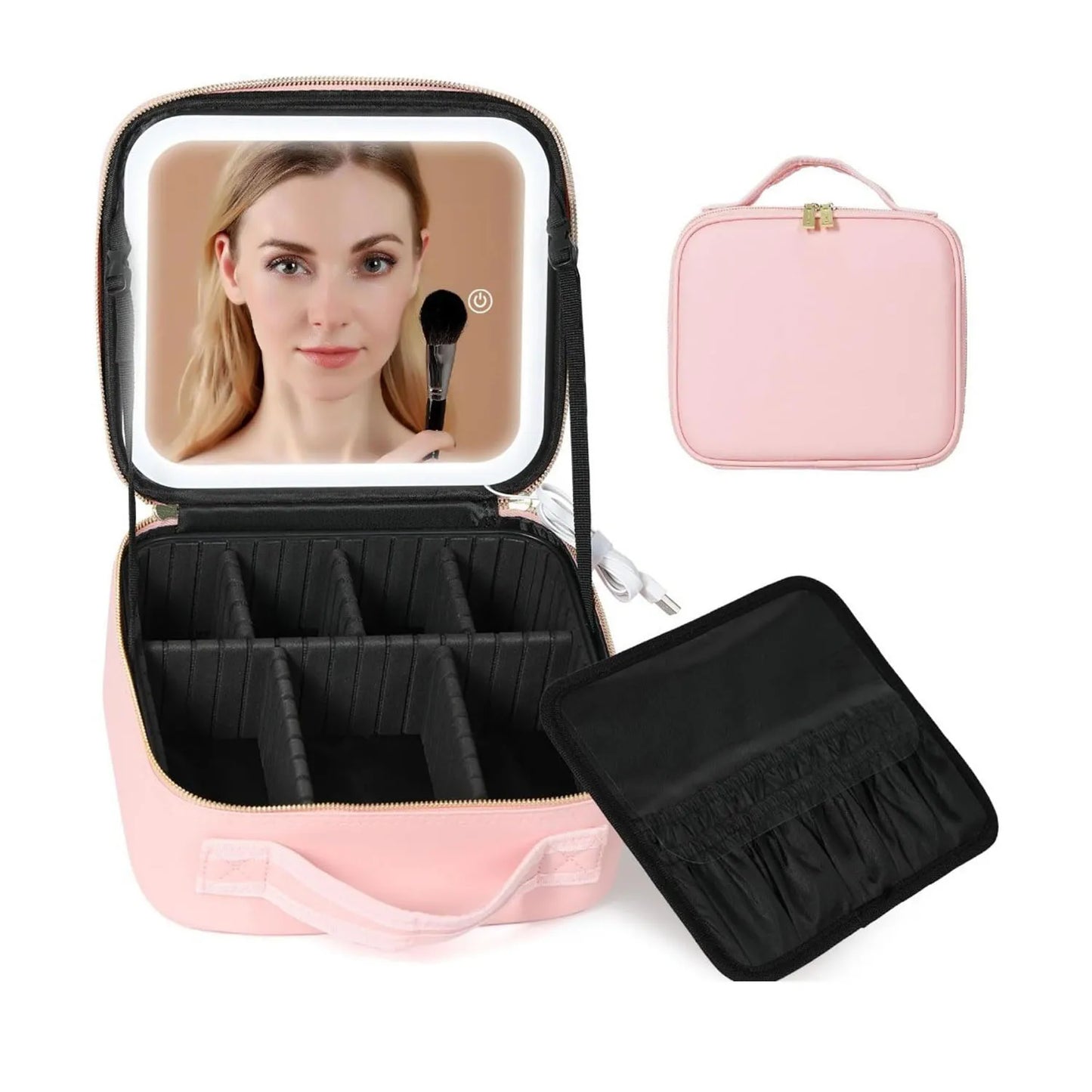Travel Makeup Bag With LED Lighted Mirror, Makeup Case With Adjustable Dividers