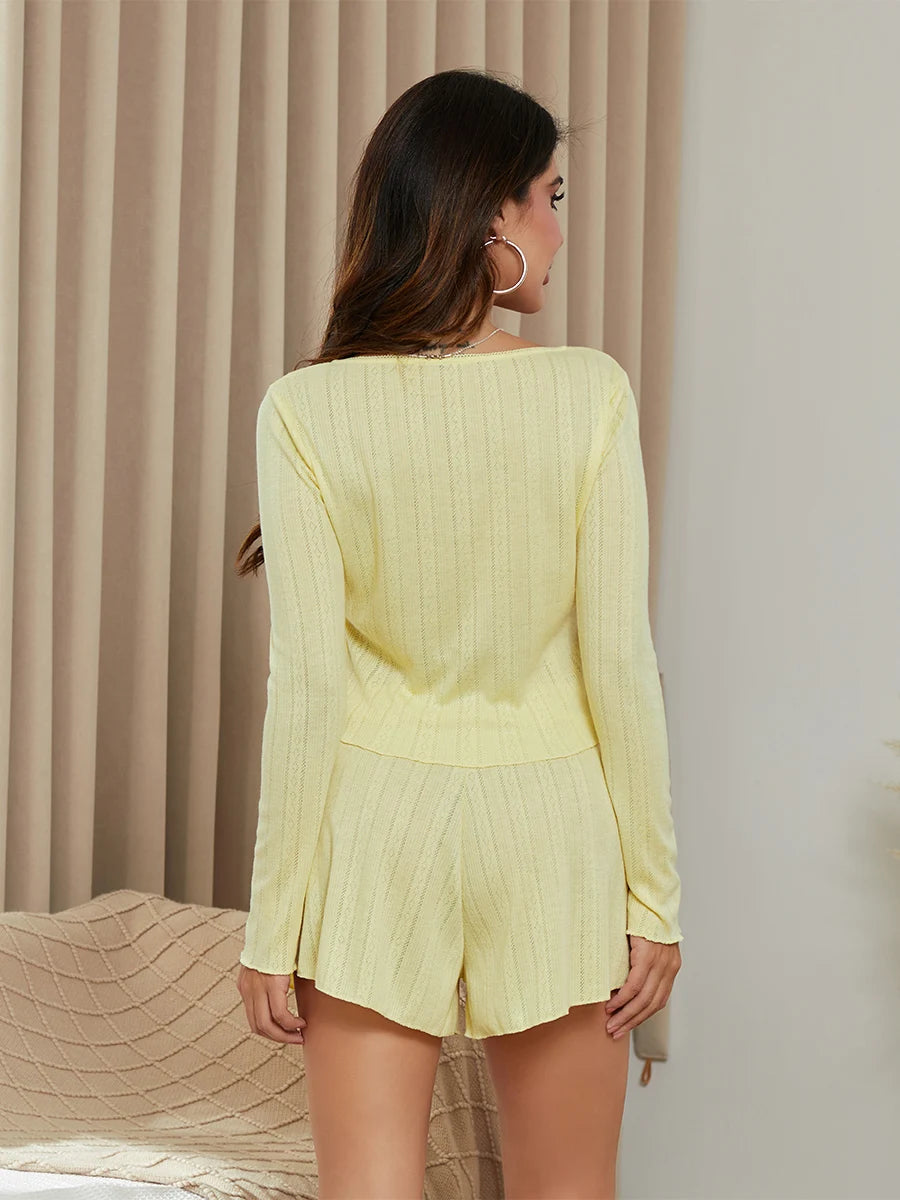 Pajama Set Long Sleeve Button Closure Top with Shorts Sleepwear Loungewear
