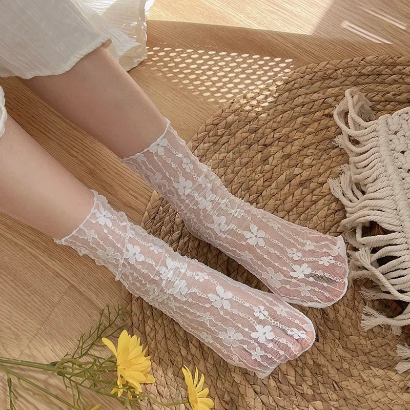 Women's Breathable Transparent Floral Lace Socks Sweet Mesh Fishnet Socks Soft Fun Socks Hosiery