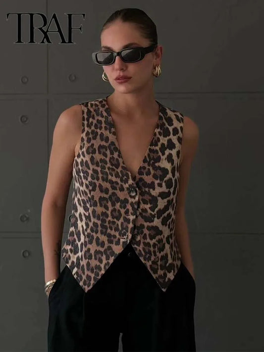 Women's Vest  Leopard Summer V-Neck Single-breasted Vest Top Ladies Casual Cropped Sleeveless