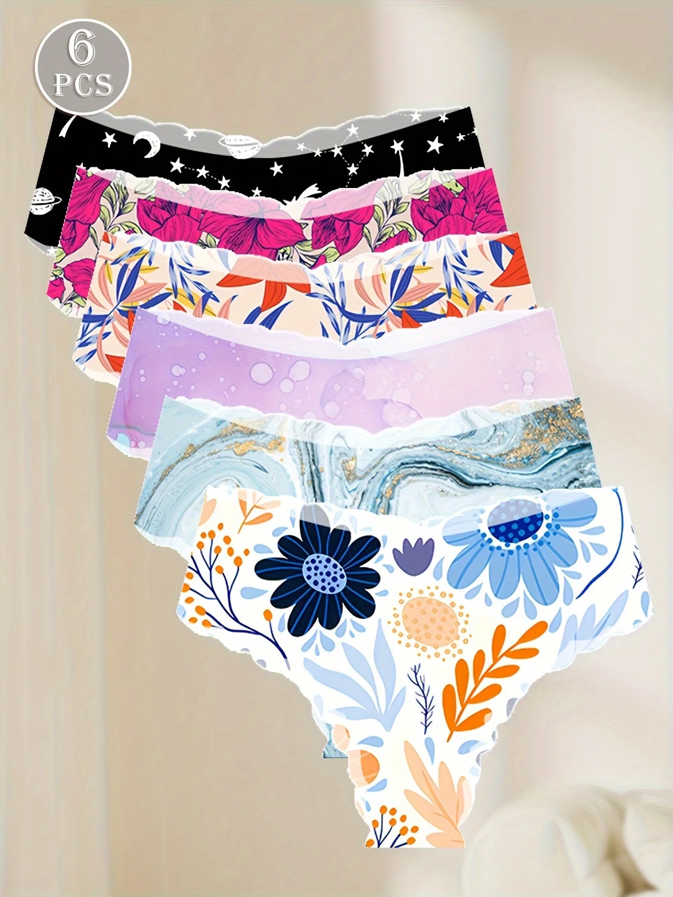 6 pcs of cheeky panties Seamless panties Comfortable breathable ice silk daily intimate fashion design art print low waist