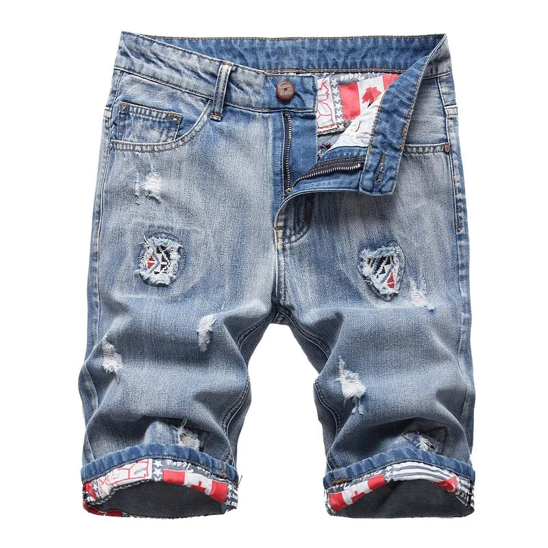 Hip Hop Ripped Fashion Denim Shorts Blue New Style Stretch Straight Personalized Retro Nostalgic Trendy Pants Jeans Shorts