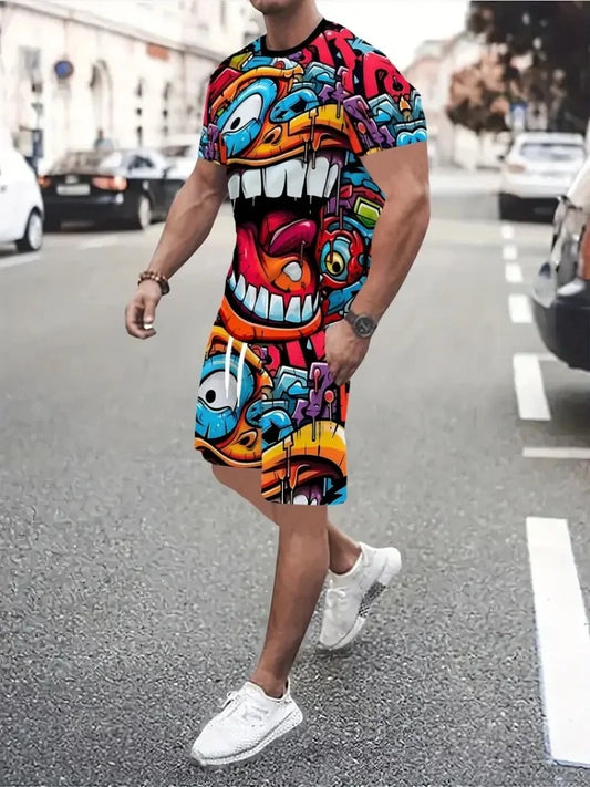 Hip Hop Style Personality Cartoon 3D Printed Men's Round Neck Short Sleeve 2 piece Fashionable Street Sports All-match Men's Suit