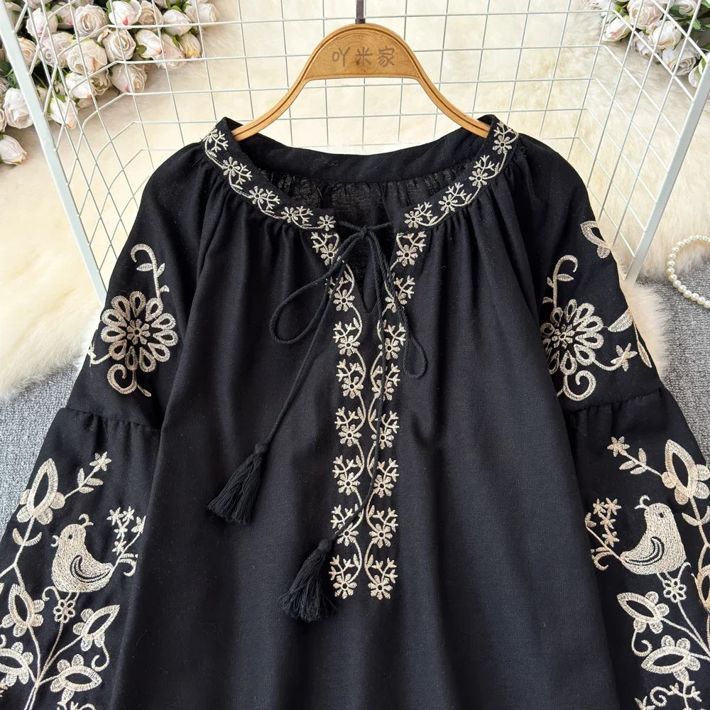 Retro Embroidered Lace-Up Tassel V-Neck Lantern Sleeve Top