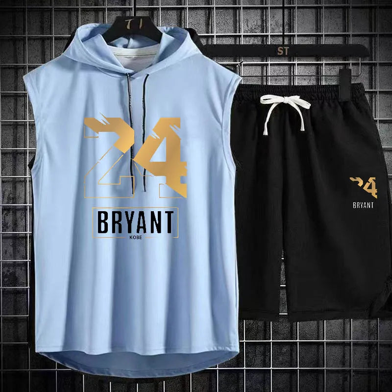 Men's Two Piece Set Casual Sleeveless T-Shirt and Shorts Set Men's Sports Suit Fashion Short Sleeve Tracksuit Hooded T-shirt suit