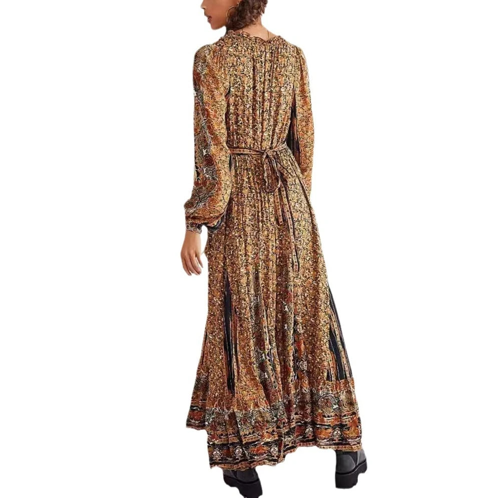 Chiffon Floral Printed Maxi Dresses For Women Robe Vintage Lantern Long Sleeve V Neck Tassel Loose Dress Boho Beach