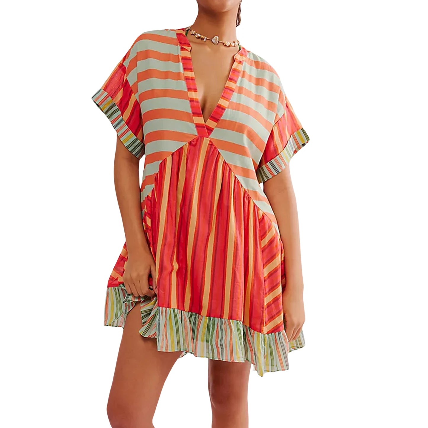 Women s Sleeveless Dress with Ruffle Hem in Tropical Print Summer Boho Beach Dress with Pockets