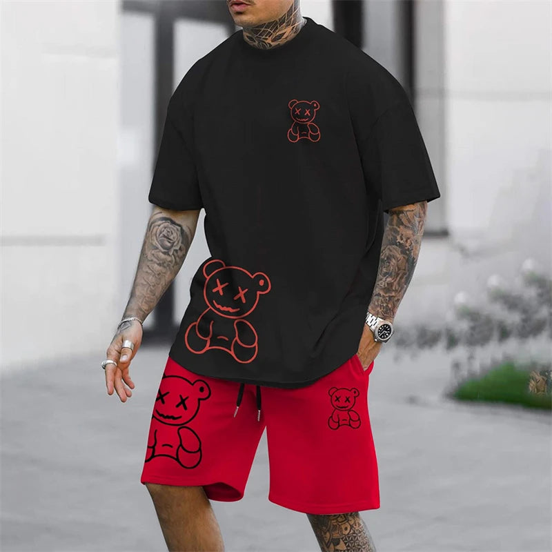 Fun Bear T-Shirt Men's Summer Loose Daily Couple Suit Outdoor Street Short Sleeve Shorts Two Piece Men Summer Suit