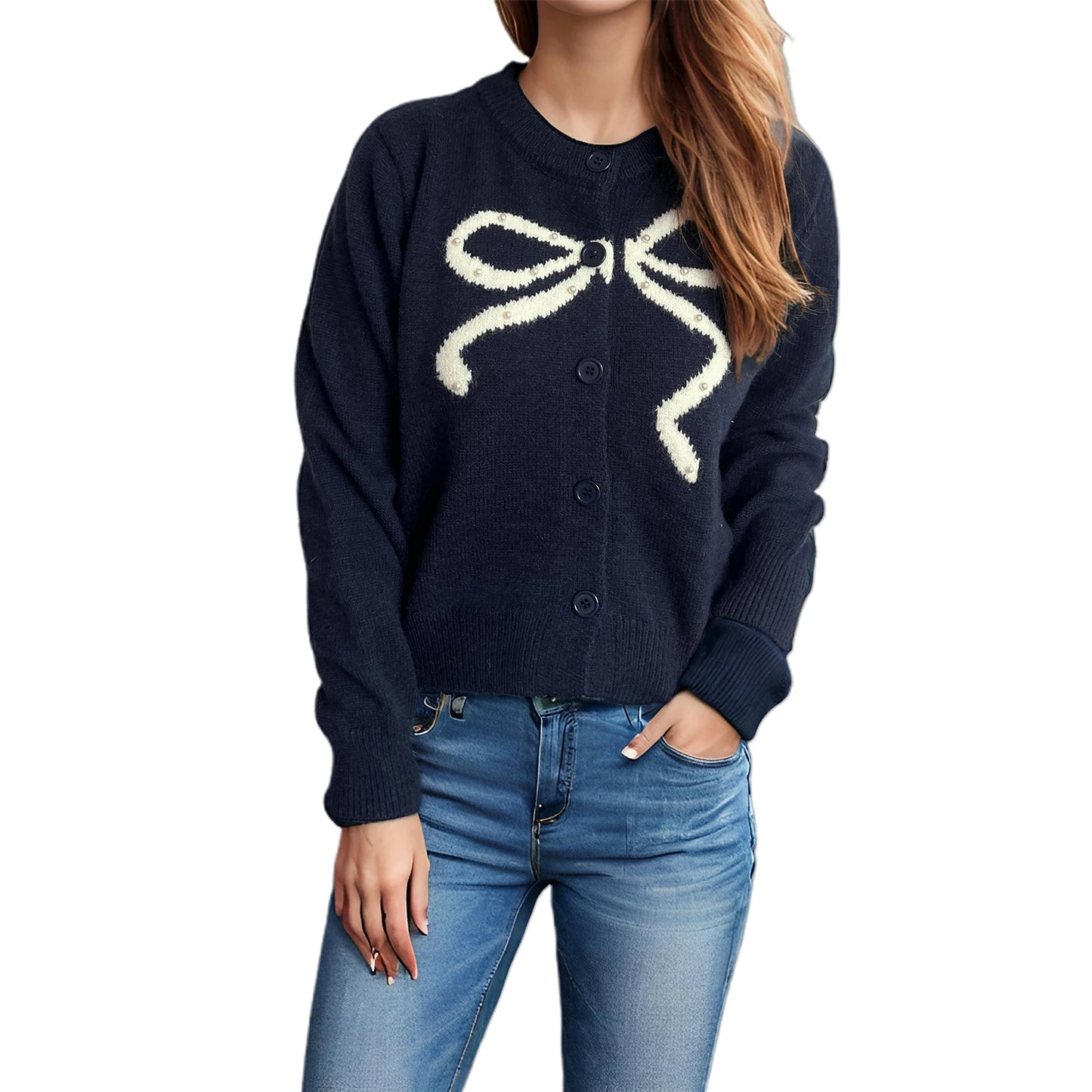Elegant O-Neck Cardigans with Bow Embroidery and Puff Sleeves Stylish Lightweight Knitwear for Chic Street Style