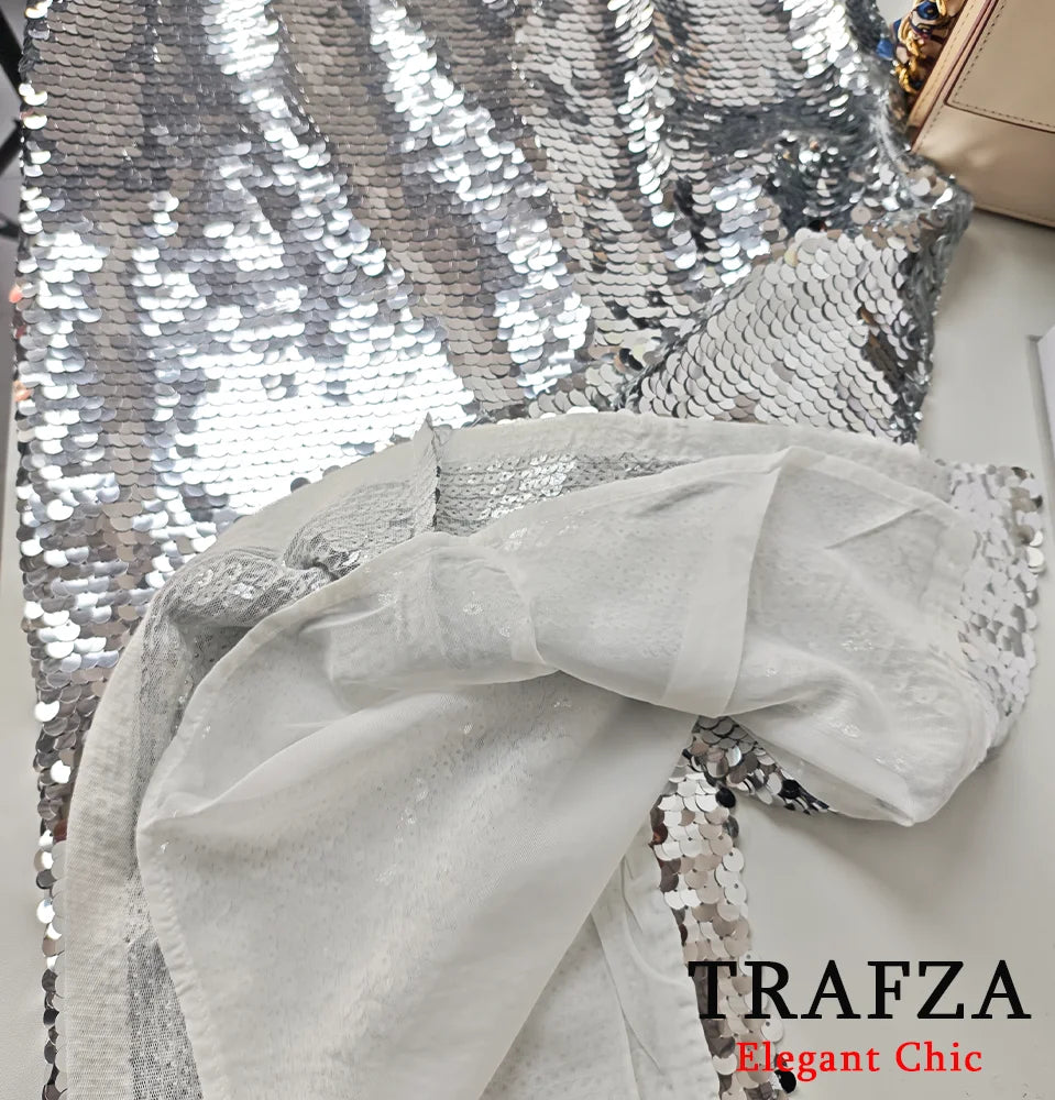 Sequined Midi Skirt Silver Color Hip Wrap Slim