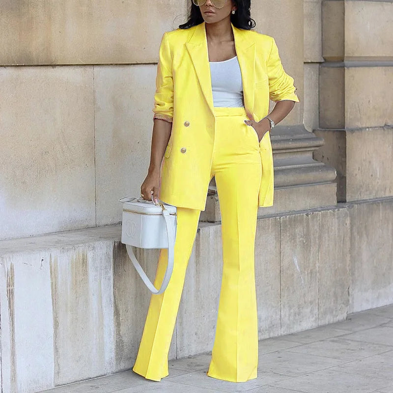 Elegant Women's Double Breasted Long Sleeve Blazers with Pocket and Flare Pants Suit Matching 2 Piece Set Outfits