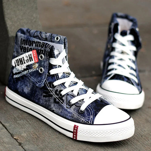 Men's High-top Canvas Shoes Black Denim Blue Denim Color Turn-down Trendy Shoes Casual Breathable Board Summer