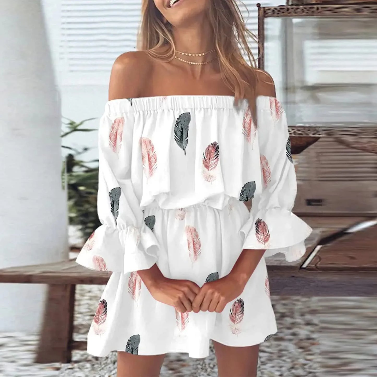 Summer Sexy Off Shoulder Party Dress Women Sexy Print Tunic Sundresses Casual Loose Fit Bell Sleeve Mini Dress