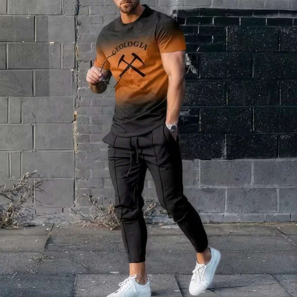 Fashion Men's T-shirt suit sportswear 3D printed sportswear  short sleeved T-shirt long pants  street wear 2-piece set
