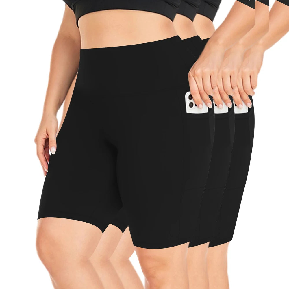 Plus-size 3 Pack High Waisted Workout Shorts  Yoga Biker Shorts Two Side Pockets