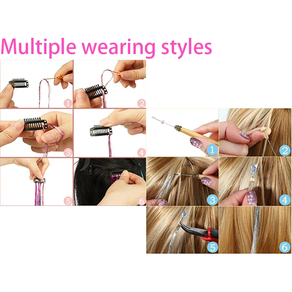 36/48inch Synthetic Sparkle Hair Tinsel Rainbow Colored Strands  Headwear Hair binge Hair Laser False Hair Extensions Decor