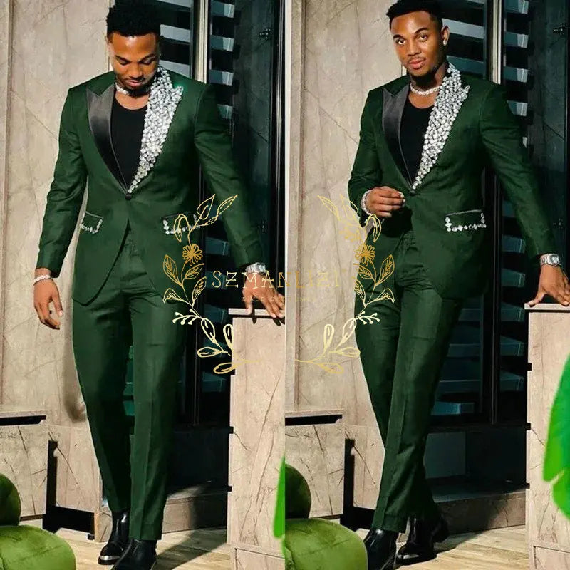 Suits for Men Slim Fit Single Breasted Peak Lapel Blazer High Quality Crystal Prom Party 2 Piece Jacket Pants Sets Terno
