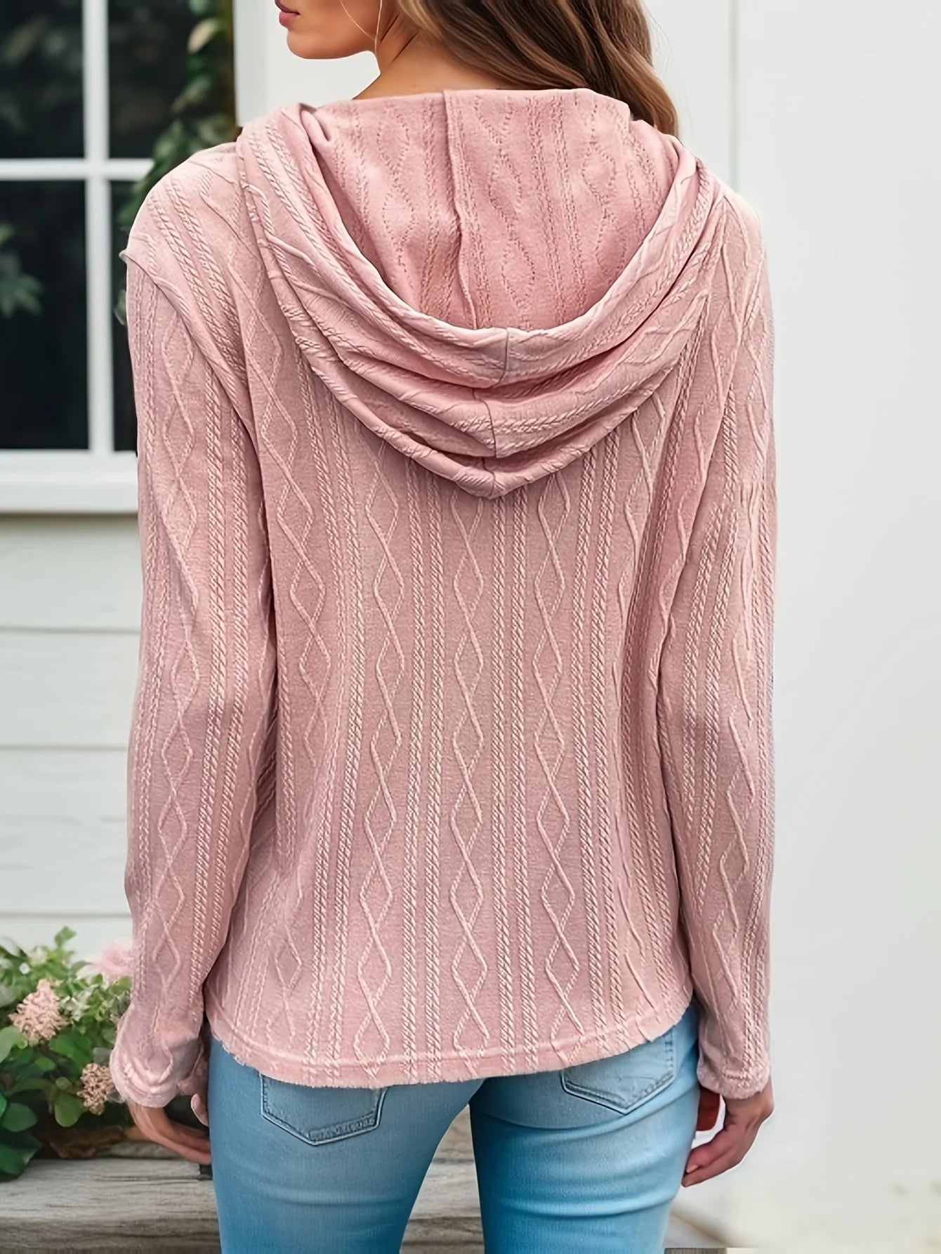 Plus Size Casual Sweater  Textured Long Sleeve Drawstring Slight Stretch Hoodie