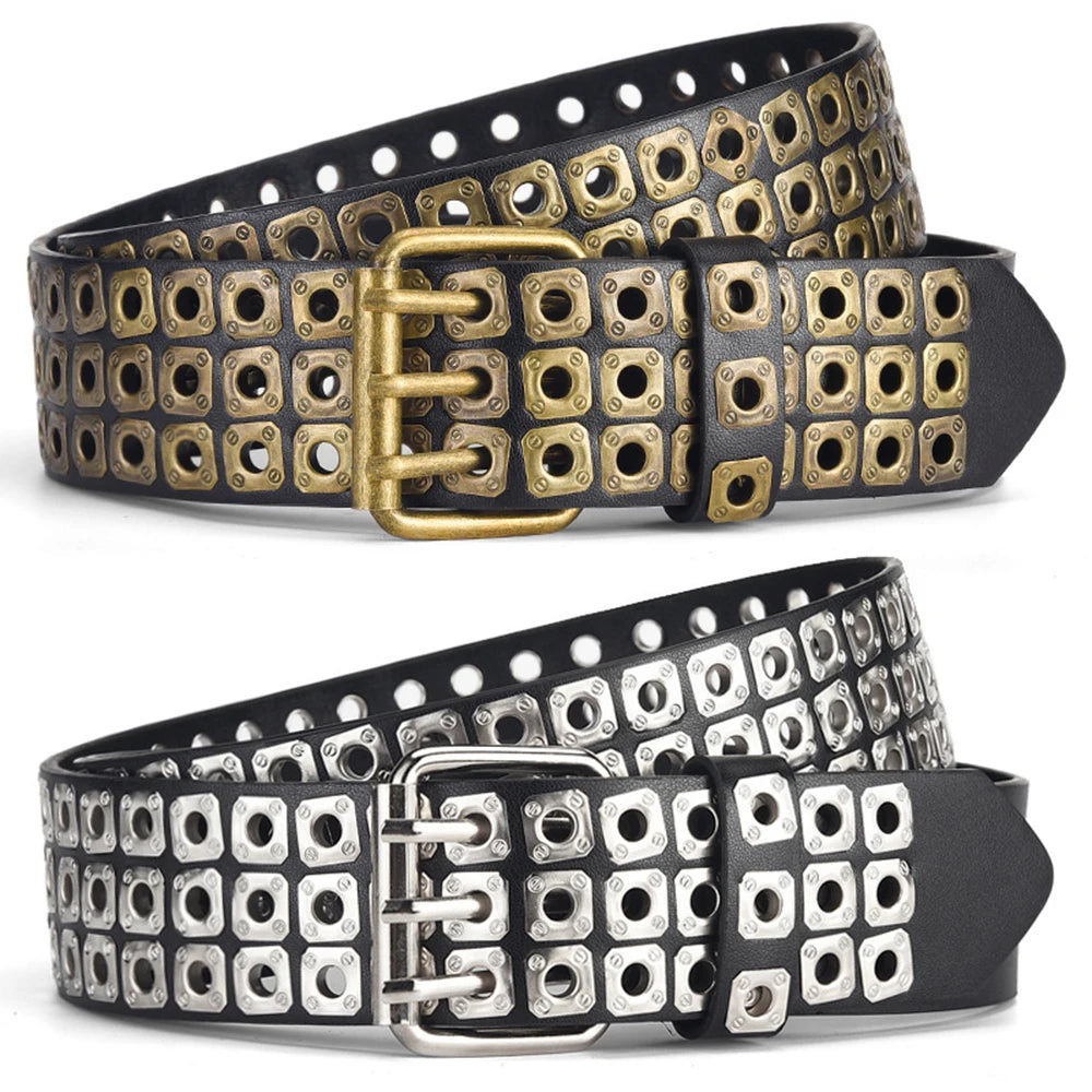 3.8cm Width PU Leather Belt With Metal Rivet Design 3 Pin Buckles Waistband Goth Belt