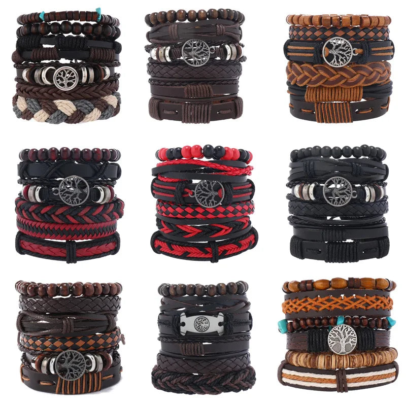 Casual Bead 6 Pc/set Tree Black Khaki Handmade Men Bracelets Male Women Leather Bracelets Men Bangle