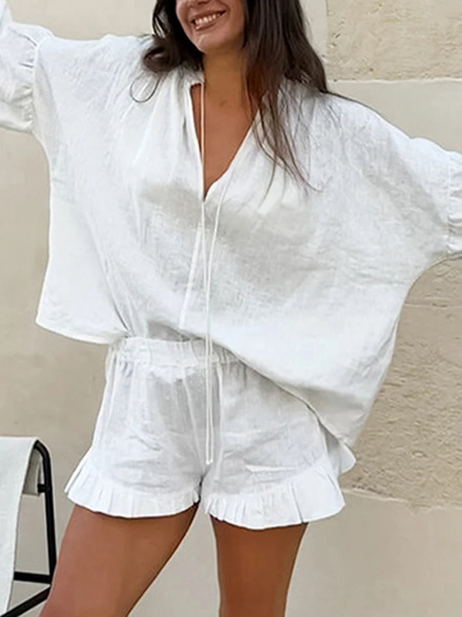 Casual Women s Summer Outfit Stylish Long Sleeve V-Neck Top with Tie-Up Detail and Elastic Waist Shorts Set for a Chic Look