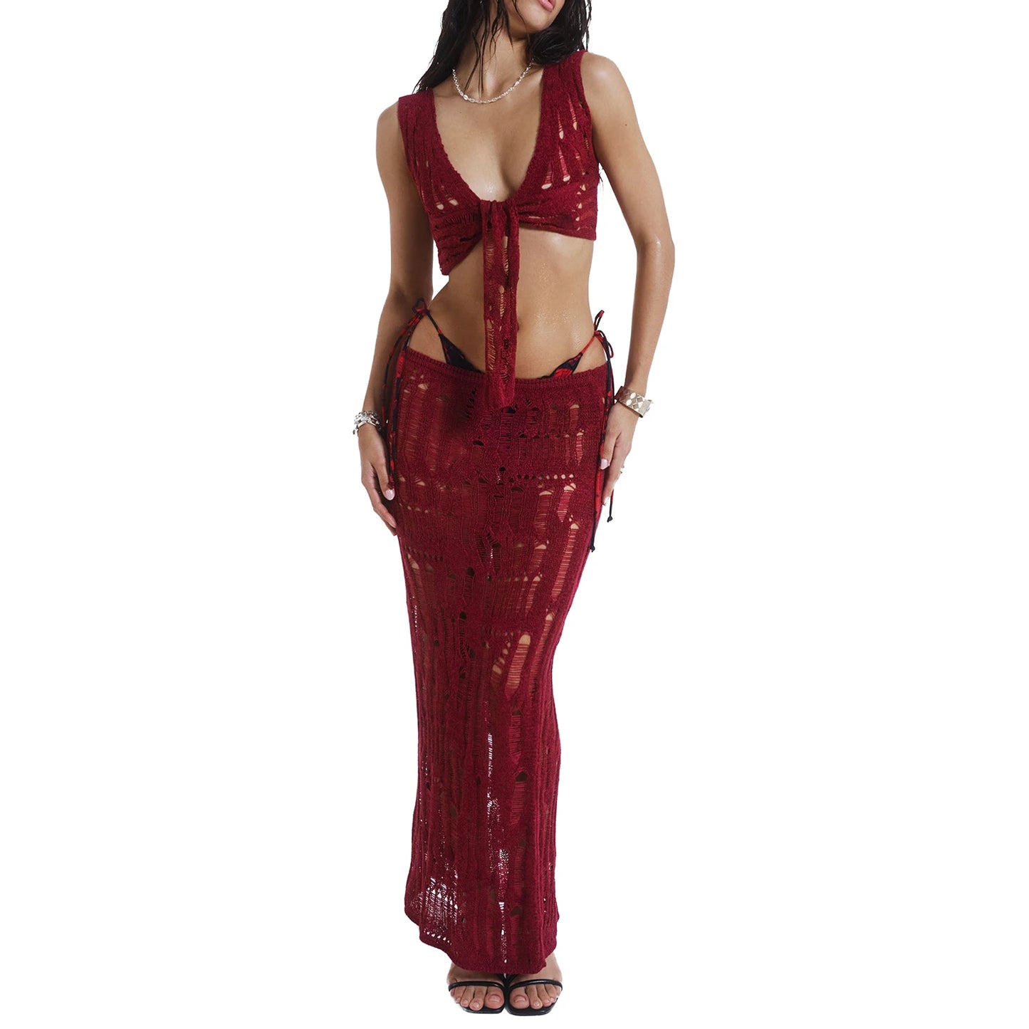 Women Summer Outfits Solid Color Sheer Bandage Knit Tank Tops and Elastic Low Waist Long Skirt Set