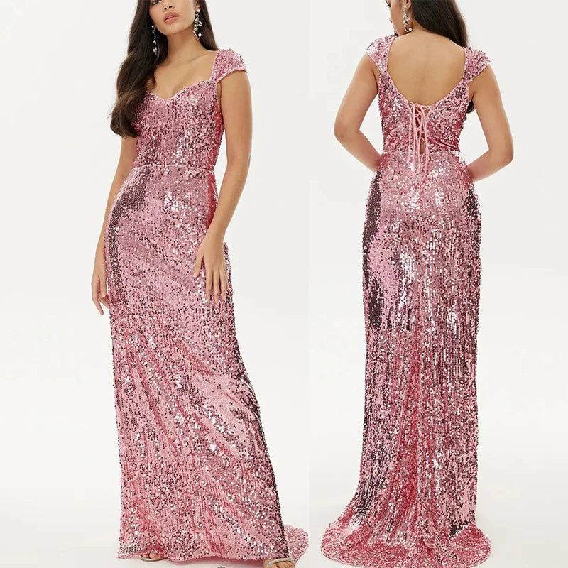 Cocktail  Off The Shoulder Sleeveless Pink Sequin Dress