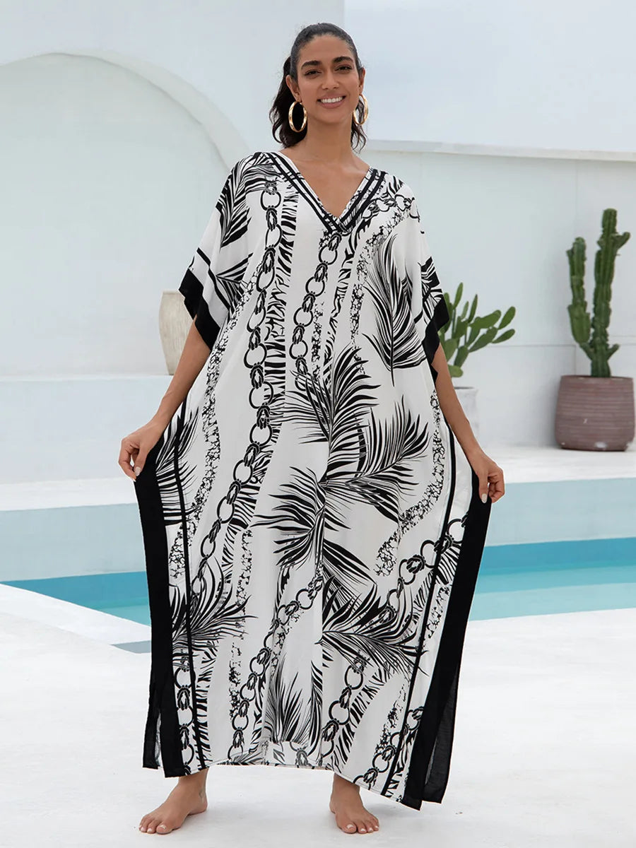 Leaf and Chain Print Women Loose Fitting Long Robe Beach Vacation V-neck Sunscreen Clothing