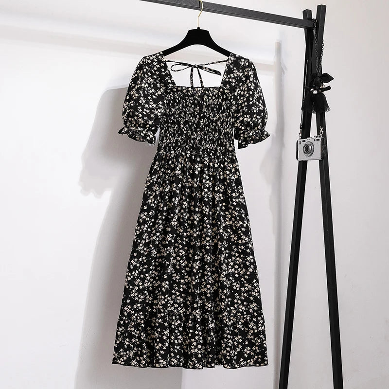 Chiffon Dresses Fashion Female Elastic Waist Short Sleeve Pleated Casual Dress Women A-line Dresses