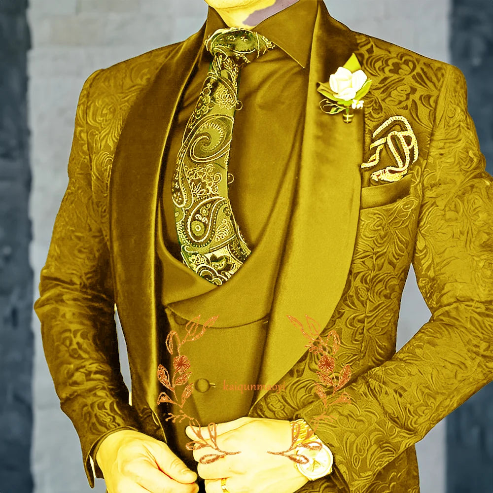 Jacquard Elegant Men's 3 Piece Suit Set Wedding Groom Tuxedo Jacket Pants Vest Formal Party Dress