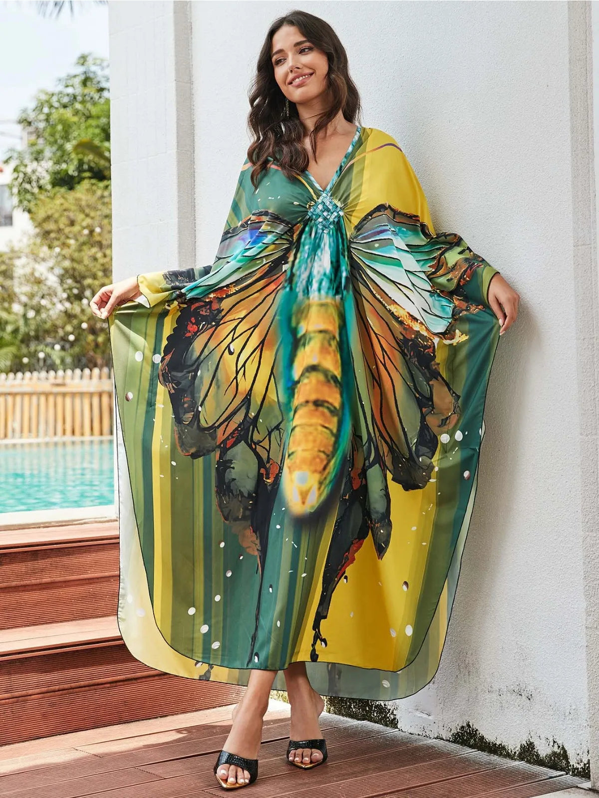 Yellow Butterfly Print  Loose Fitting Long Robe Beach Vacation V-neck Sunscreen Clothing Kaftan