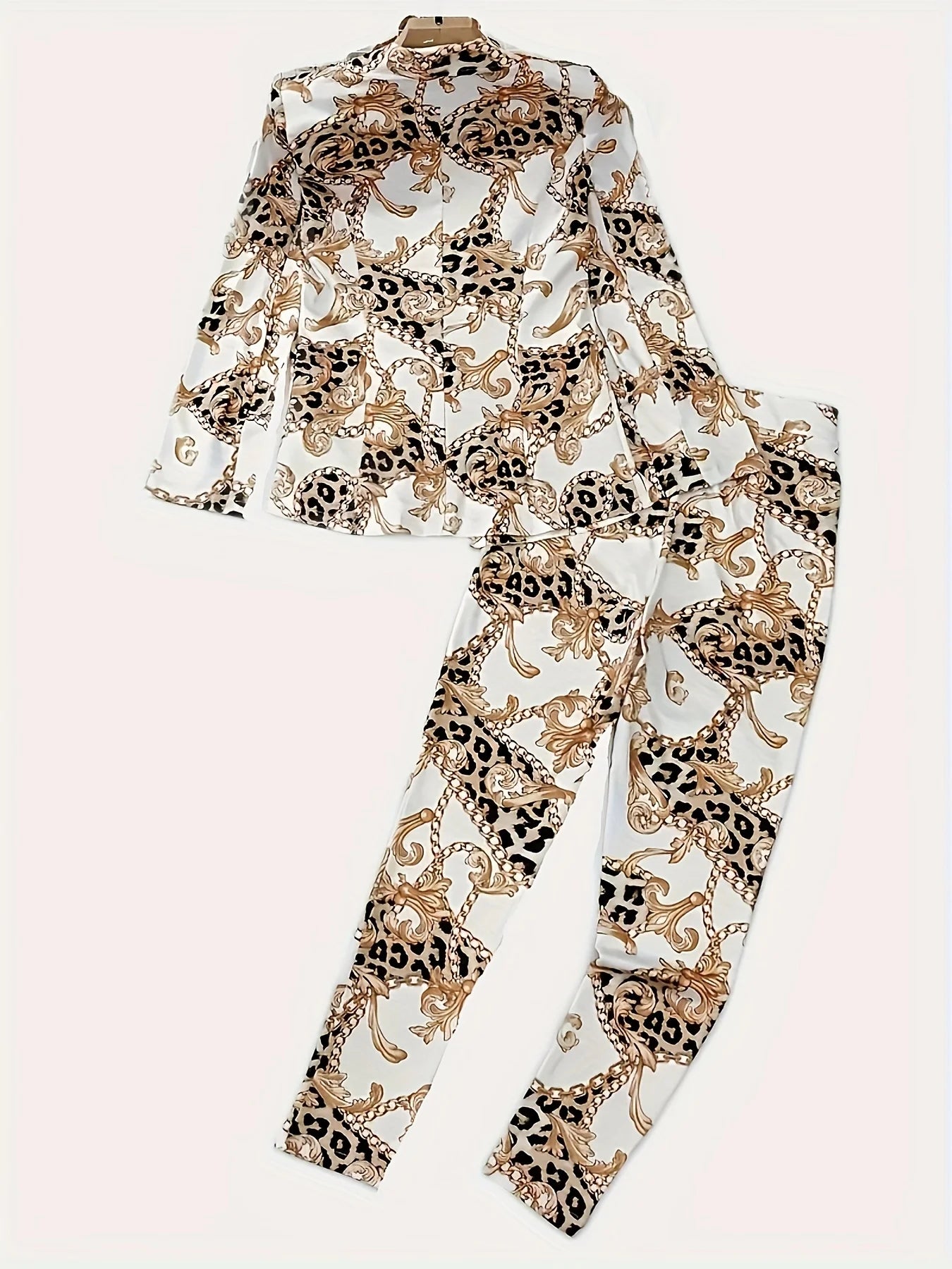 Women's Chain Printed Two-Piece Suit Set, Double Breasted Long Sleeved Lapel Suit Jacket and High Waisted Slim Pants