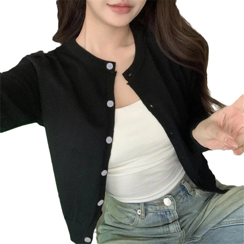 Cardigan Knit Early Autumn Women Clothes Outdoor Crop Sweater Outerwear Long Sleeve Top