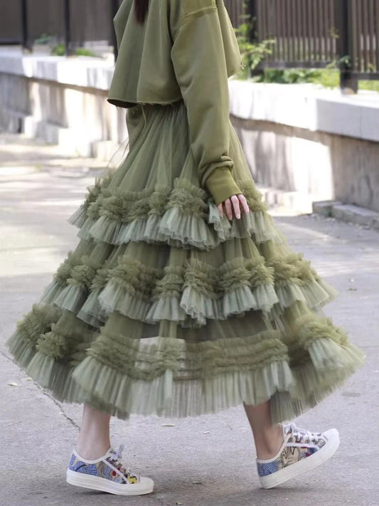 Large Swing Gauze Skirt High Waist Color Block Mesh Ruffles Layers
