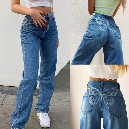 Butterfly Jeans Pants Hip Hop Streetwear Women's Fashion High Waist Wide Leg Pants Female Denim Trousers